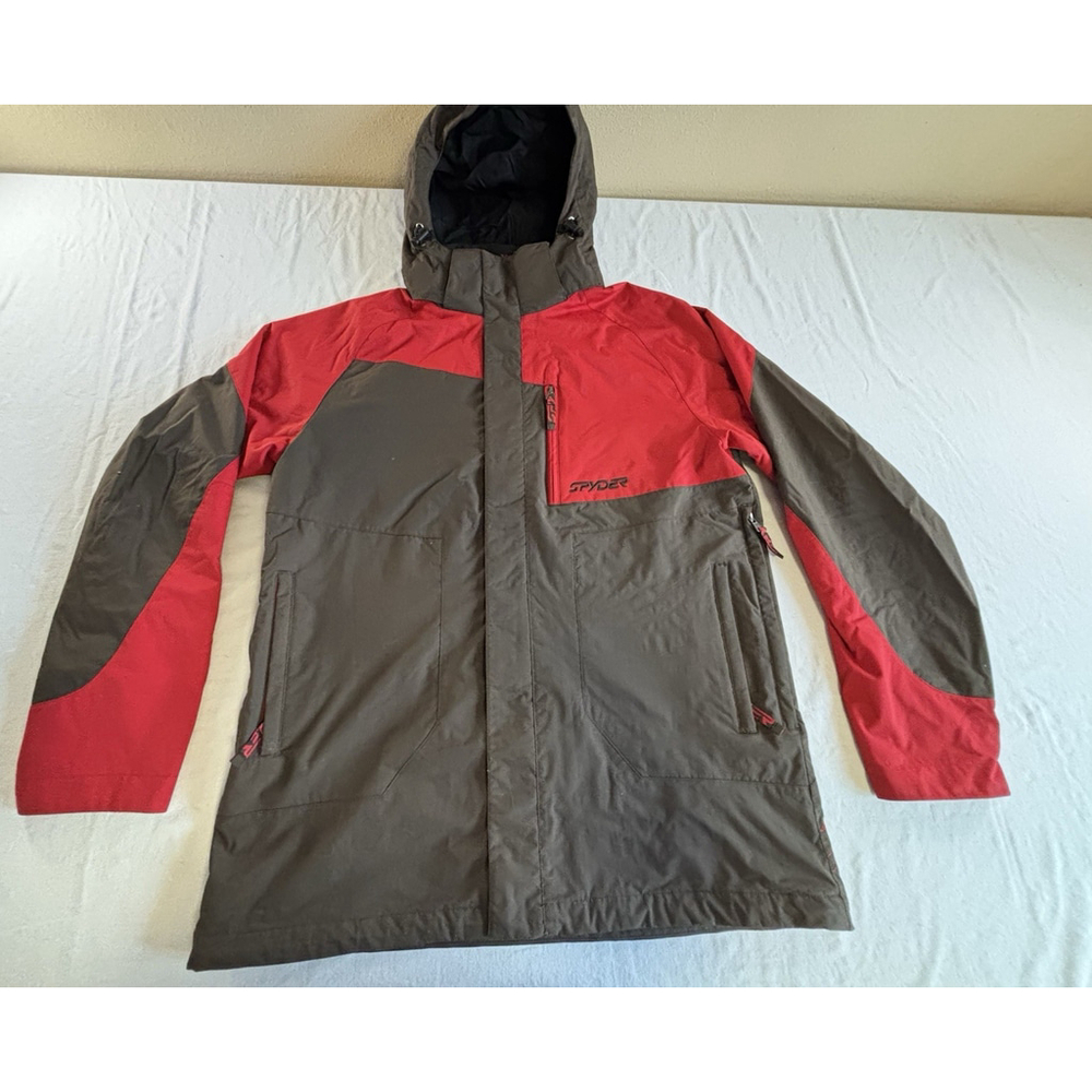 Spyder Ski Jacket Men’s Large Red Brown Insulated Snowboarding Coat Hooded